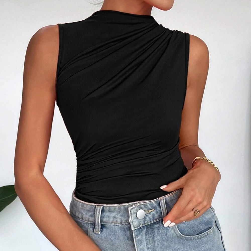 Ruched Black Asymmetrical Sleeveless Bodysuit
